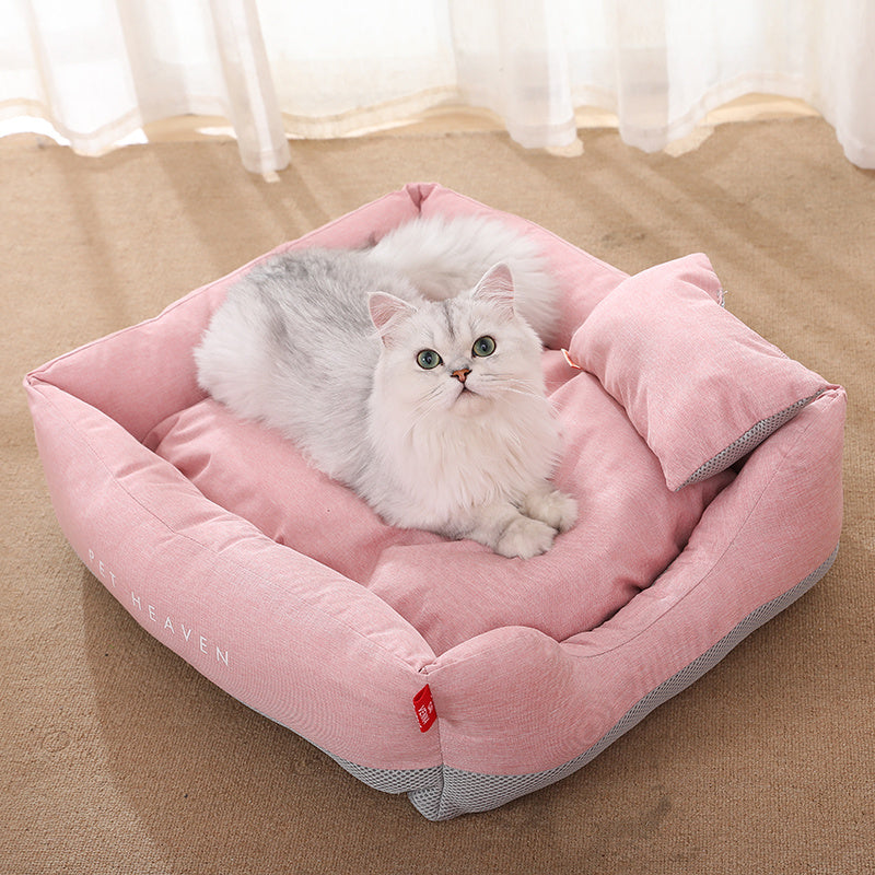 HKM-393811 Semi-Enclosed Cat Nest Mat in Morandi Pink, Green & Grey - Cozy Polyester & PP Cotton Design