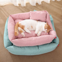 HKM-393811 Semi-Enclosed Cat Nest Mat in Morandi Pink, Green & Grey - Cozy Polyester & PP Cotton Design