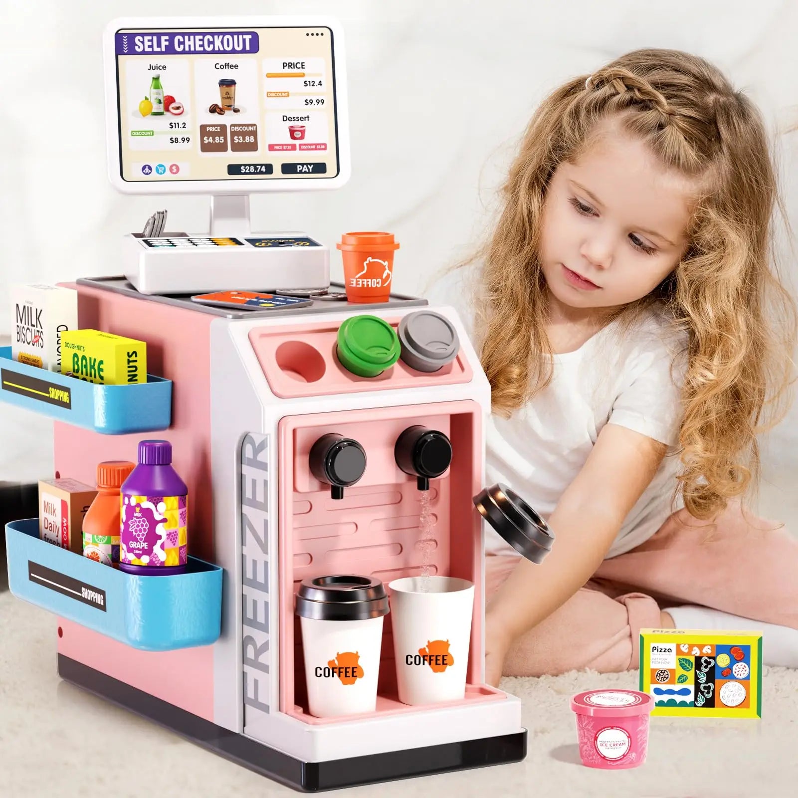 48-Piece Pretend Play Cash Register Toy Set with Light and Sound Features for Kids