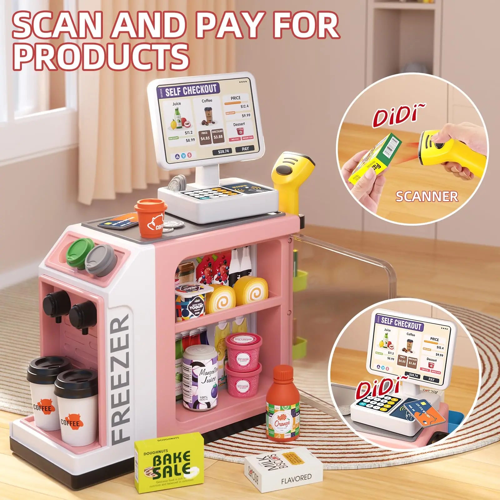 48-Piece Pretend Play Cash Register Toy Set with Light and Sound Features for Kids