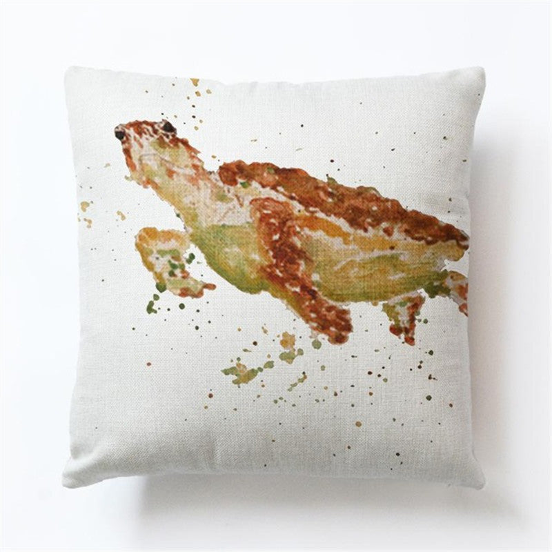 HKM-394387 Turtle Print Polyester Cushion Cover with Hidden Zipper - One-Sided Design, Pure White Fabric