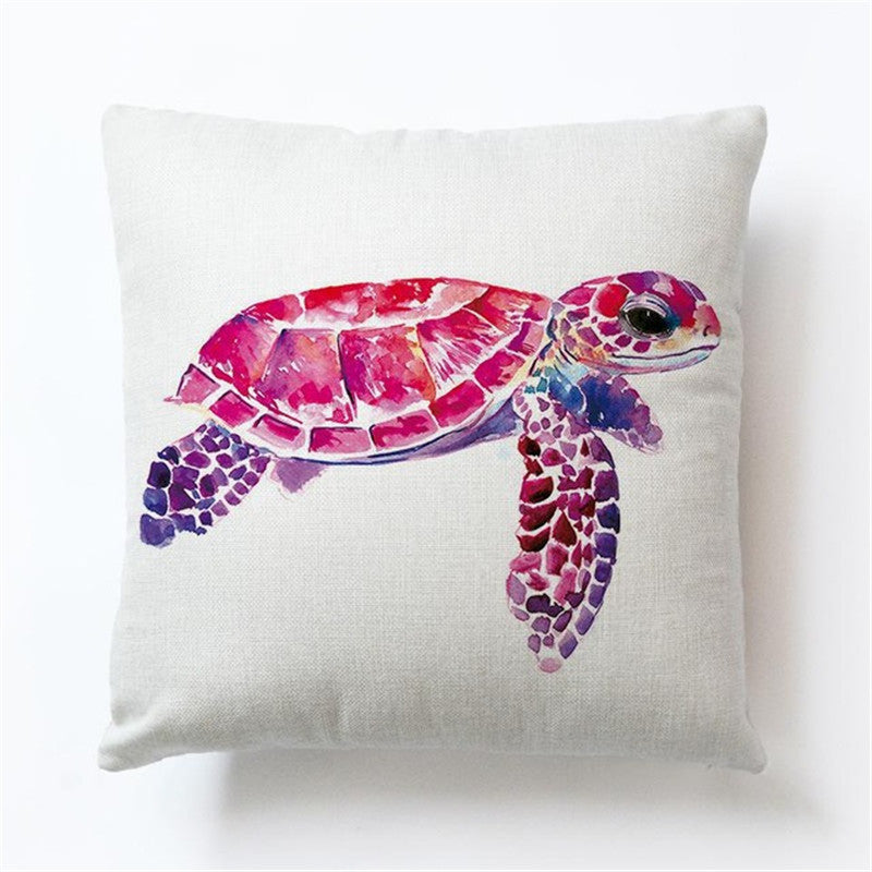 HKM-394387 Turtle Print Polyester Cushion Cover with Hidden Zipper - One-Sided Design, Pure White Fabric