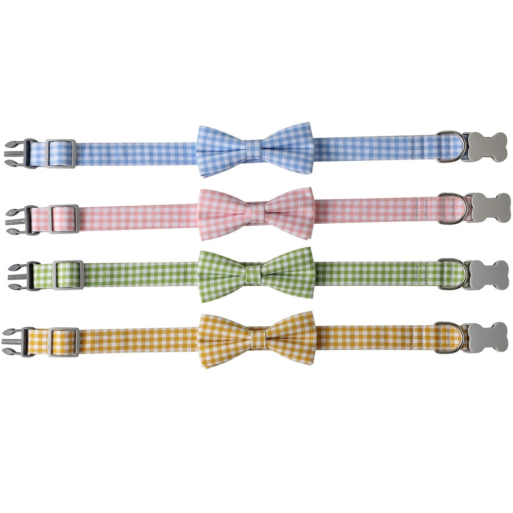 HKM-395027 Checkered Dog Collar with Bow Tie - Cotton Polyester, Available in Multiple Colors