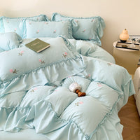 HKM-395475 Embroidered Washed Cotton 4-Piece Bedding Set with Plant and Flower Patterns