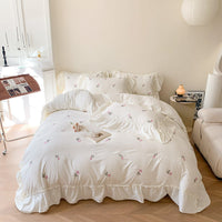 HKM-395475 Embroidered Washed Cotton 4-Piece Bedding Set with Plant and Flower Patterns
