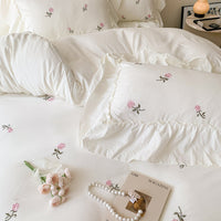 HKM-395475 Embroidered Washed Cotton 4-Piece Bedding Set with Plant and Flower Patterns