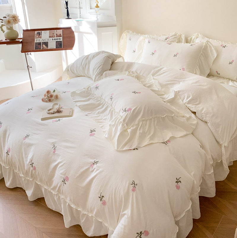 HKM-395475 Embroidered Washed Cotton 4-Piece Bedding Set with Plant and Flower Patterns