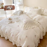 HKM-395475 Embroidered Washed Cotton 4-Piece Bedding Set with Plant and Flower Patterns