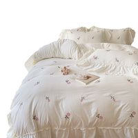 HKM-395475 Embroidered Washed Cotton 4-Piece Bedding Set with Plant and Flower Patterns
