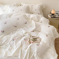 HKM-395475 Embroidered Washed Cotton 4-Piece Bedding Set with Plant and Flower Patterns