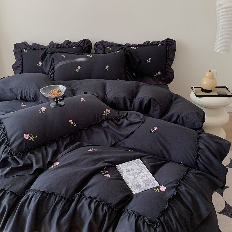 HKM-395475 Embroidered Washed Cotton 4-Piece Bedding Set with Plant and Flower Patterns