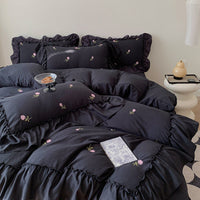 HKM-395475 Embroidered Washed Cotton 4-Piece Bedding Set with Plant and Flower Patterns
