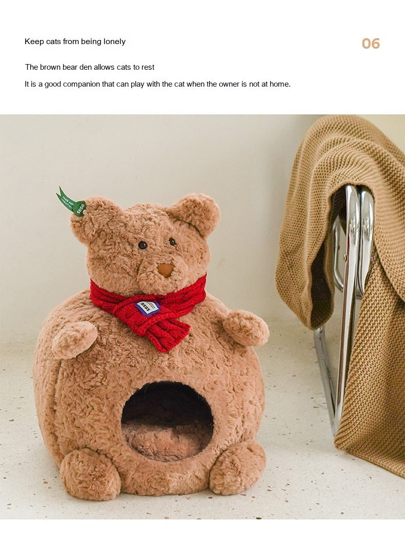 HKM-395603 Cozy Brown Bear Sponge Cat Nest - Fully Enclosed Pet Bed, Removable and Washable