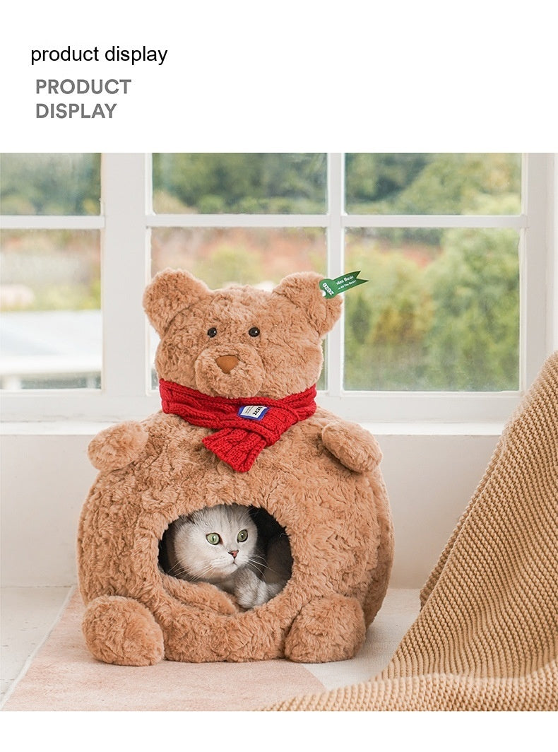 HKM-395603 Cozy Brown Bear Sponge Cat Nest - Fully Enclosed Pet Bed, Removable and Washable