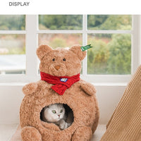 HKM-395603 Cozy Brown Bear Sponge Cat Nest - Fully Enclosed Pet Bed, Removable and Washable