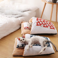 HKM-396755 Removable and Washable Cat Litter Nest - Soft PP Cotton and Lamb Cashmere, Available in Red and Blue, Sizes S, M, L