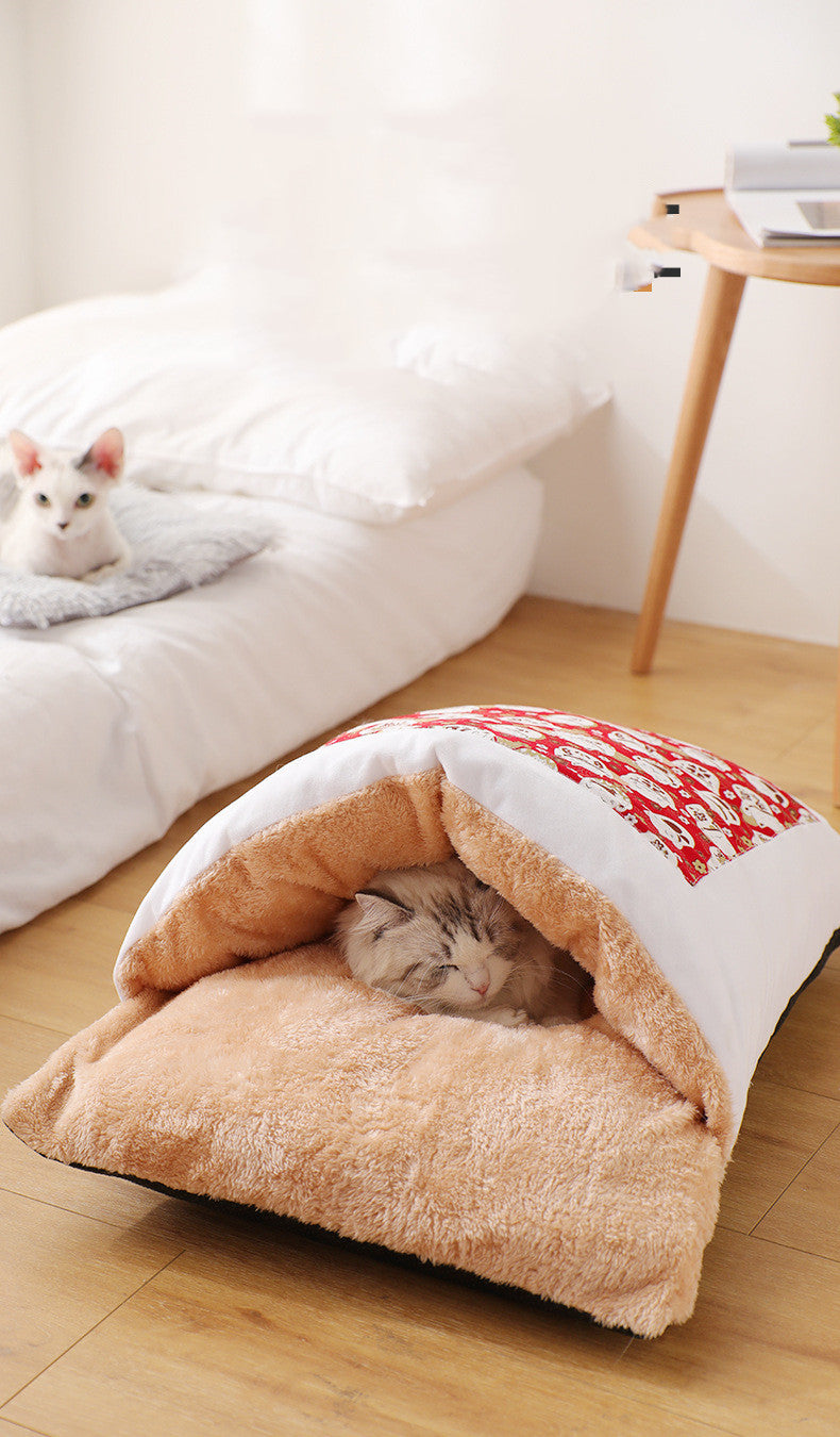HKM-396755 Removable and Washable Cat Litter Nest - Soft PP Cotton and Lamb Cashmere, Available in Red and Blue, Sizes S, M, L
