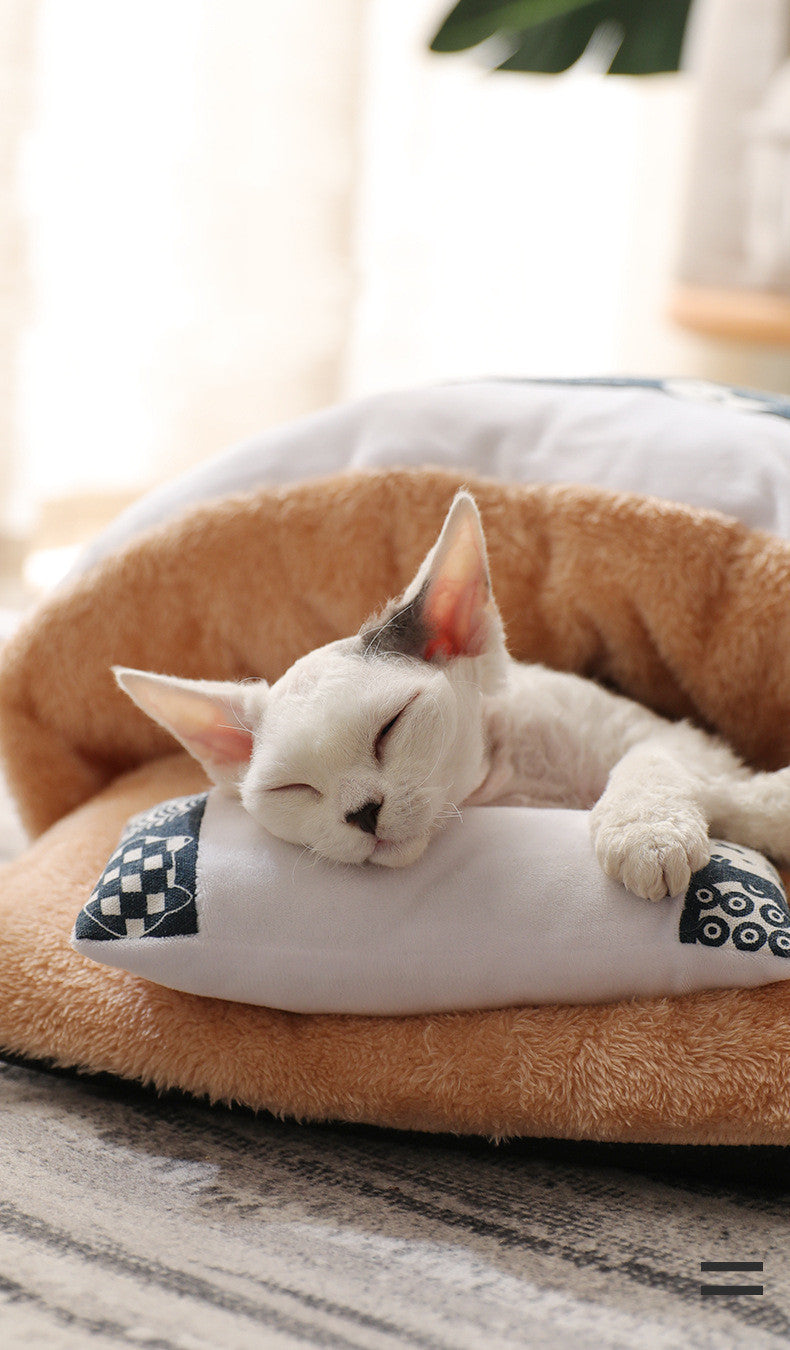 HKM-396755 Removable and Washable Cat Litter Nest - Soft PP Cotton and Lamb Cashmere, Available in Red and Blue, Sizes S, M, L