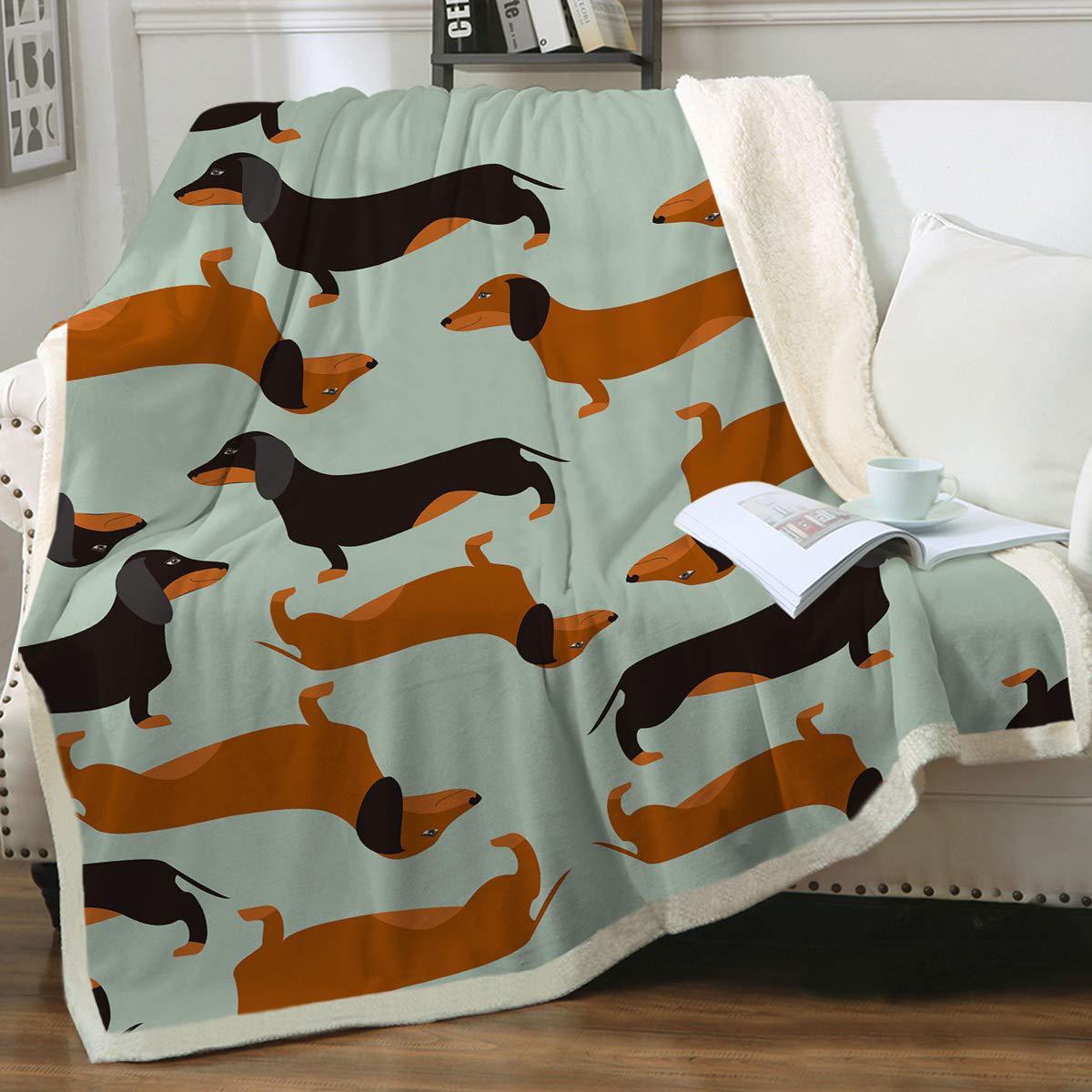 HKM-397459 Navy Blue Dachshund Pattern Woolen Blanket - Flannel Fabric, Multiple Sizes for All Seasons