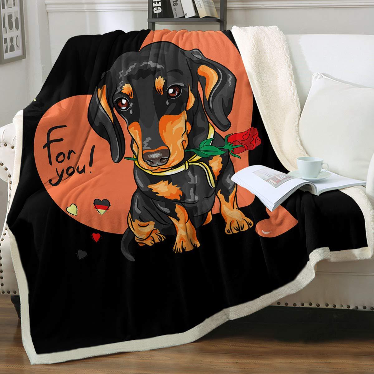 HKM-397459 Navy Blue Dachshund Pattern Woolen Blanket - Flannel Fabric, Multiple Sizes for All Seasons