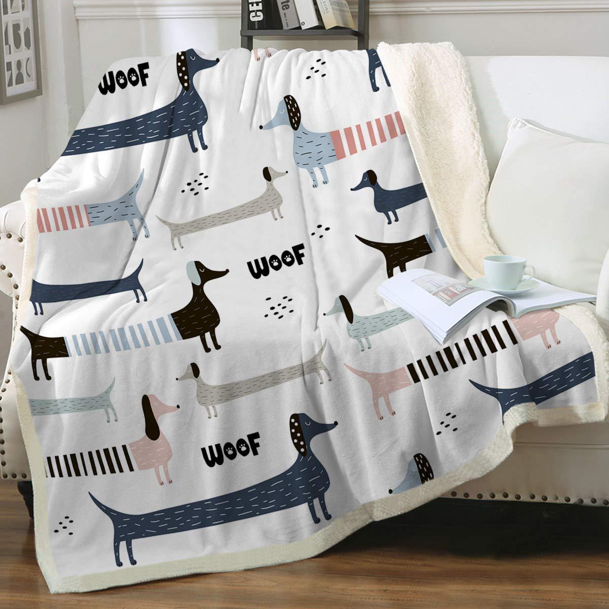 HKM-397459 Navy Blue Dachshund Pattern Woolen Blanket - Flannel Fabric, Multiple Sizes for All Seasons