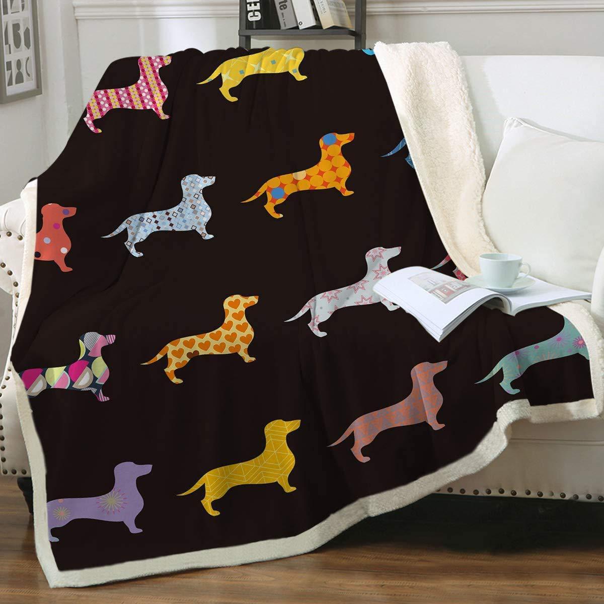 HKM-397459 Navy Blue Dachshund Pattern Woolen Blanket - Flannel Fabric, Multiple Sizes for All Seasons