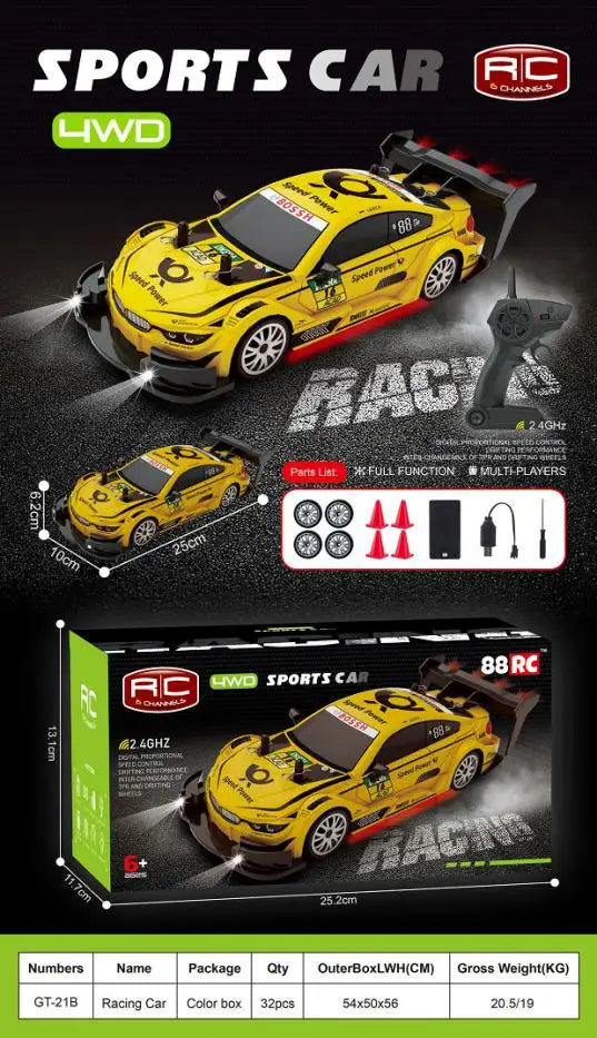 HKM-398035 2.4GHz 1/20 Scale 4WD RC Drift Car Toy for Kids with Remote Control, LED Lights, and Ready-to-Run Features