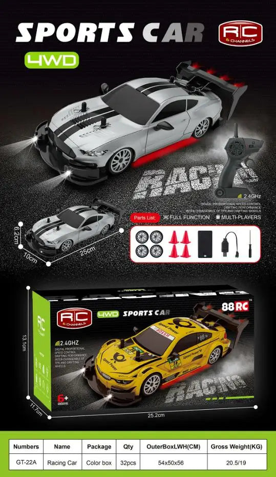 HKM-398035 2.4GHz 1/20 Scale 4WD RC Drift Car Toy for Kids with Remote Control, LED Lights, and Ready-to-Run Features
