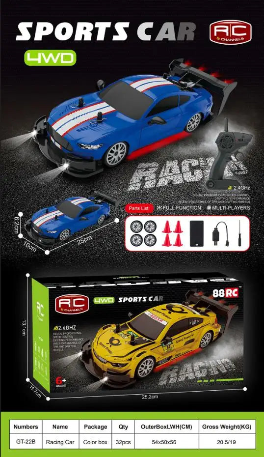 HKM-398035 2.4GHz 1/20 Scale 4WD RC Drift Car Toy for Kids with Remote Control, LED Lights, and Ready-to-Run Features