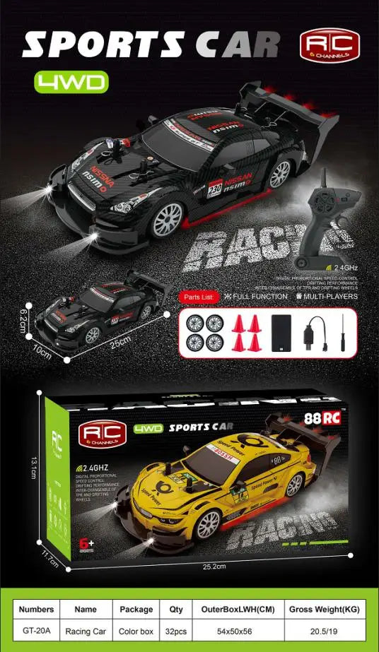 HKM-398035 2.4GHz 1/20 Scale 4WD RC Drift Car Toy for Kids with Remote Control, LED Lights, and Ready-to-Run Features