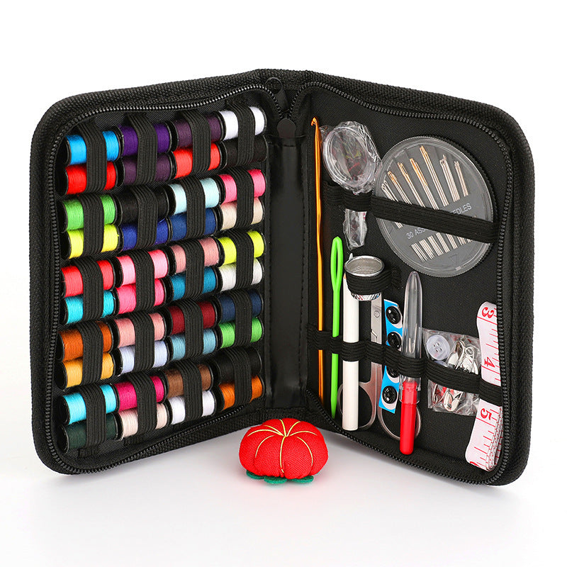 KTX-398291 92-Piece Household Sewing Kit with Thread, Needles, Scissors, and Accessories in Black Storage Box