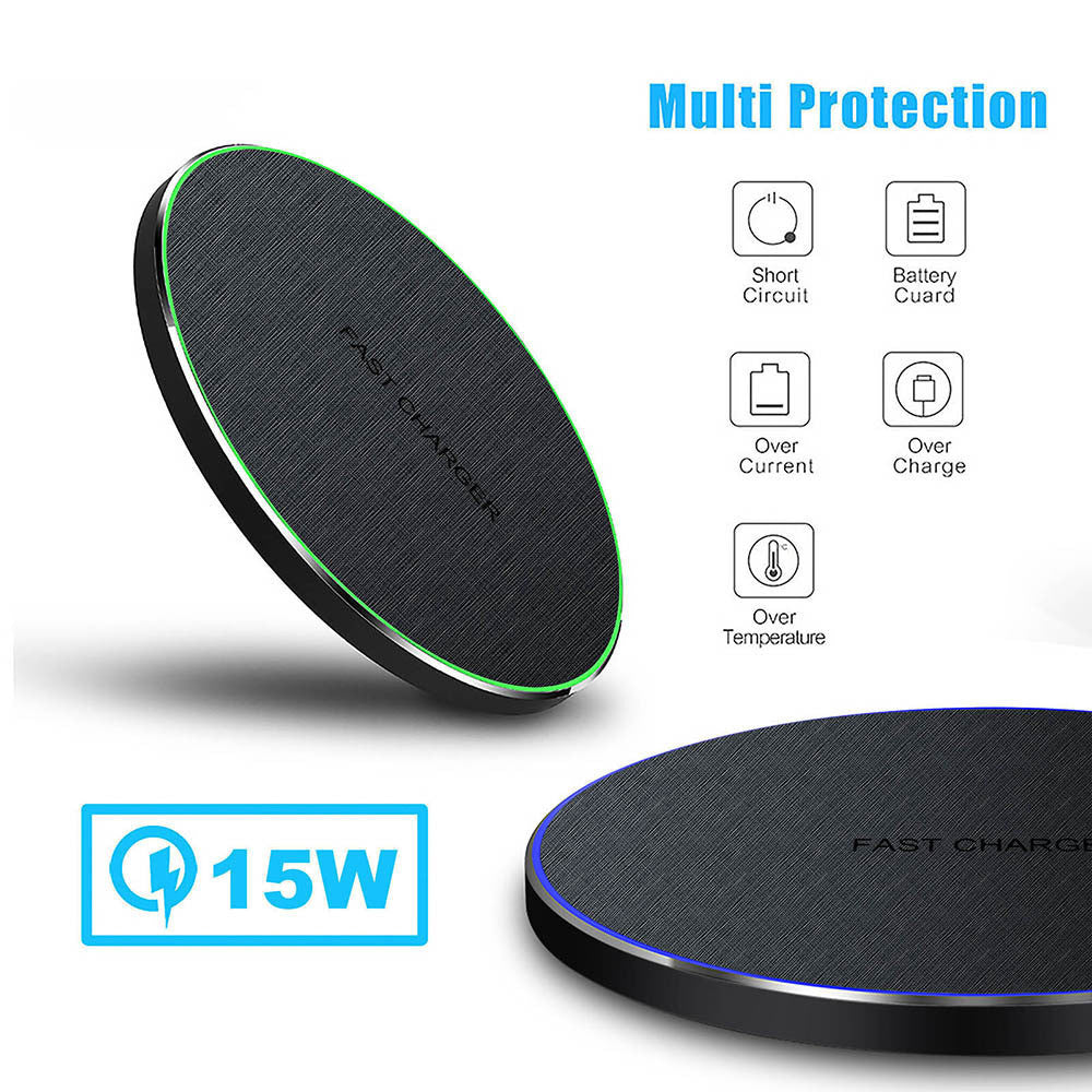 HKM-398803 15W Qi-Certified Fast Wireless Charger with Aluminum Alloy and Leather Texture