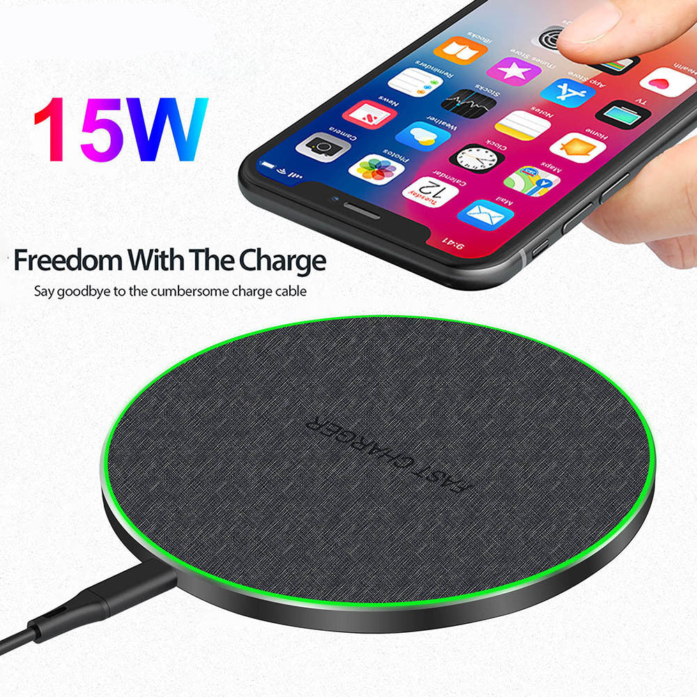 HKM-398803 15W Qi-Certified Fast Wireless Charger with Aluminum Alloy and Leather Texture
