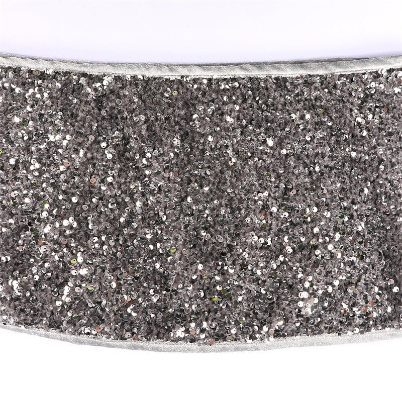 HKM-399059 Silver Gray Sequin Christmas Tree Skirt with Pastoral Cartoon Design, 61cm Upper Diameter, 77cm Lower Diameter, 26cm Height