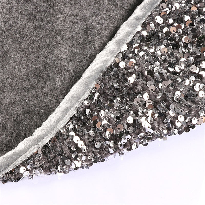 HKM-399059 Silver Gray Sequin Christmas Tree Skirt with Pastoral Cartoon Design, 61cm Upper Diameter, 77cm Lower Diameter, 26cm Height