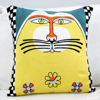 HKM-399827 Embroidered Cotton Pillowcase - Yellow Tiger & Cat Design, 45x45cm Cover