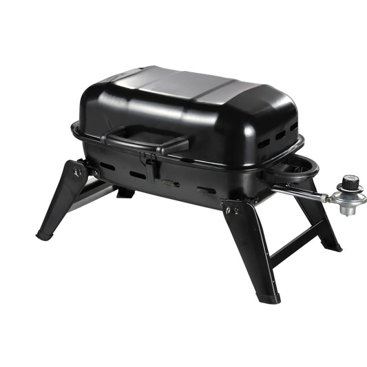 KTX-400275 Portable Gas Camping Grill with Porcelain Cooking Grid - Foldable Design for Easy Storage