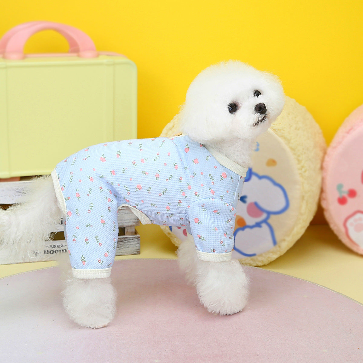 HKM-400531 Floral Waffle Style Dog Apparel in Yellow, Green, and Sky Blue - Casual Poly Fabric Options
