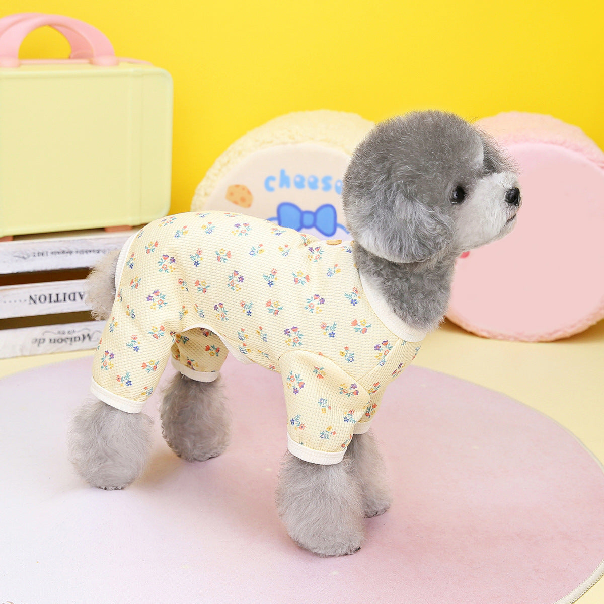 HKM-400531 Floral Waffle Style Dog Apparel in Yellow, Green, and Sky Blue - Casual Poly Fabric Options