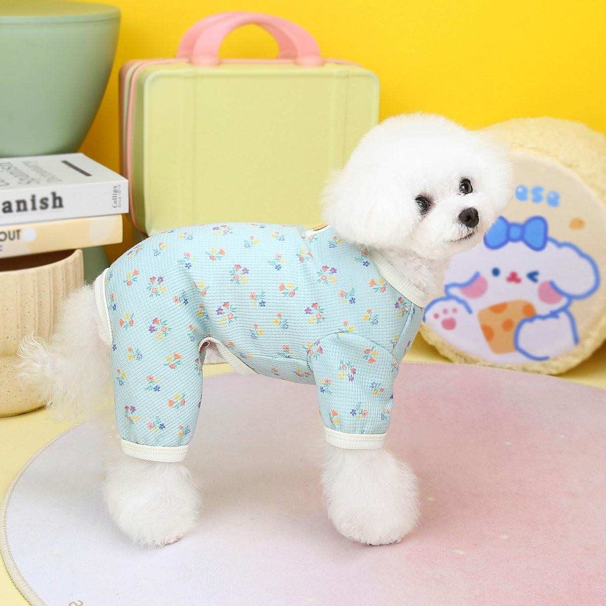 HKM-400531 Floral Waffle Style Dog Apparel in Yellow, Green, and Sky Blue - Casual Poly Fabric Options