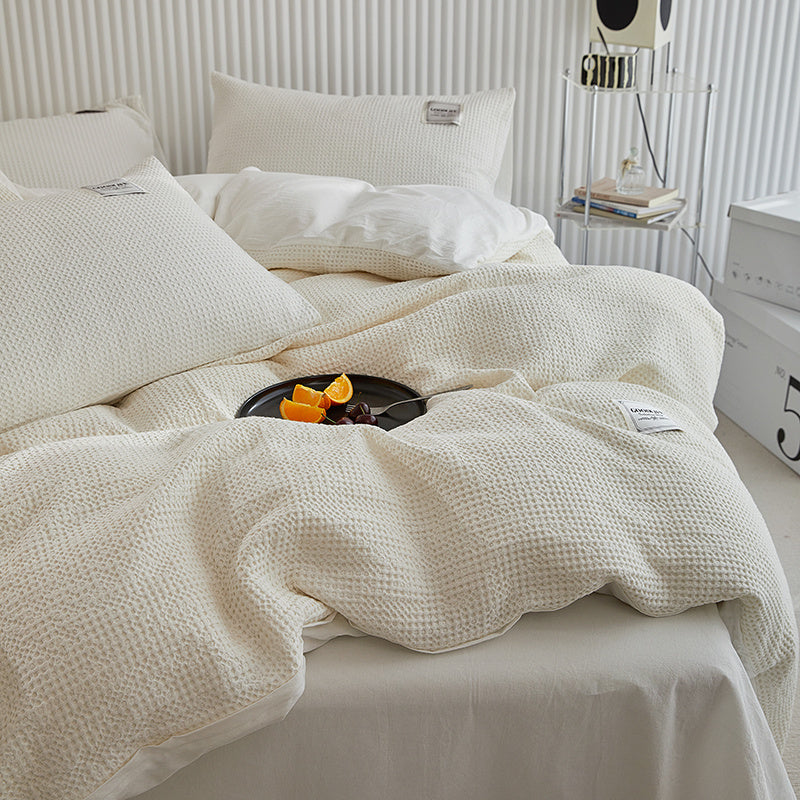 HKM-400915 White Waffle Cotton Bed Set - Four Piece Thermal Bedding Collection