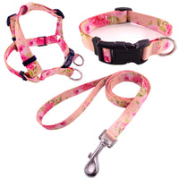 HKM-401107 Pet Printing Collar and Leash Set with Traction Chest Strap - Multiple Colors Available in S, M, L
