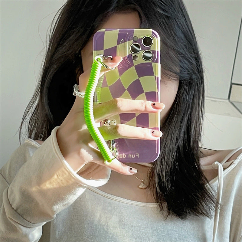 HKM-401171 Purple Checkerboard Silicone Protective Case for iPhone 11, 11 Pro, 11 Pro Max, XS, XR, 8, 8 Plus with Lanyard