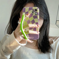 HKM-401171 Purple Checkerboard Silicone Protective Case for iPhone 11, 11 Pro, 11 Pro Max, XS, XR, 8, 8 Plus with Lanyard