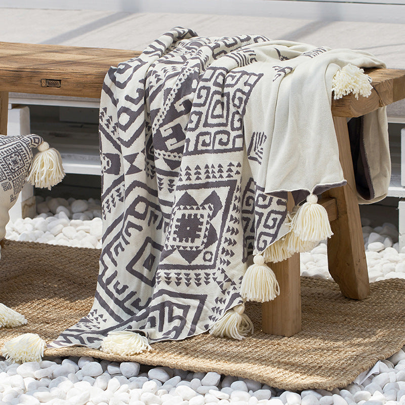 HKM-401235 Casual Cotton Tassel Knitted Towel Blanket - White 130x180cm