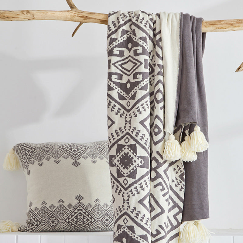 HKM-401235 Casual Cotton Tassel Knitted Towel Blanket - White 130x180cm