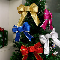 HKM-401683 Christmas Glitter Bow - Decorative Holiday Ribbon in Golden, Red, Rose Red, Blue, and Silver, 24cm Height x 21cm Width