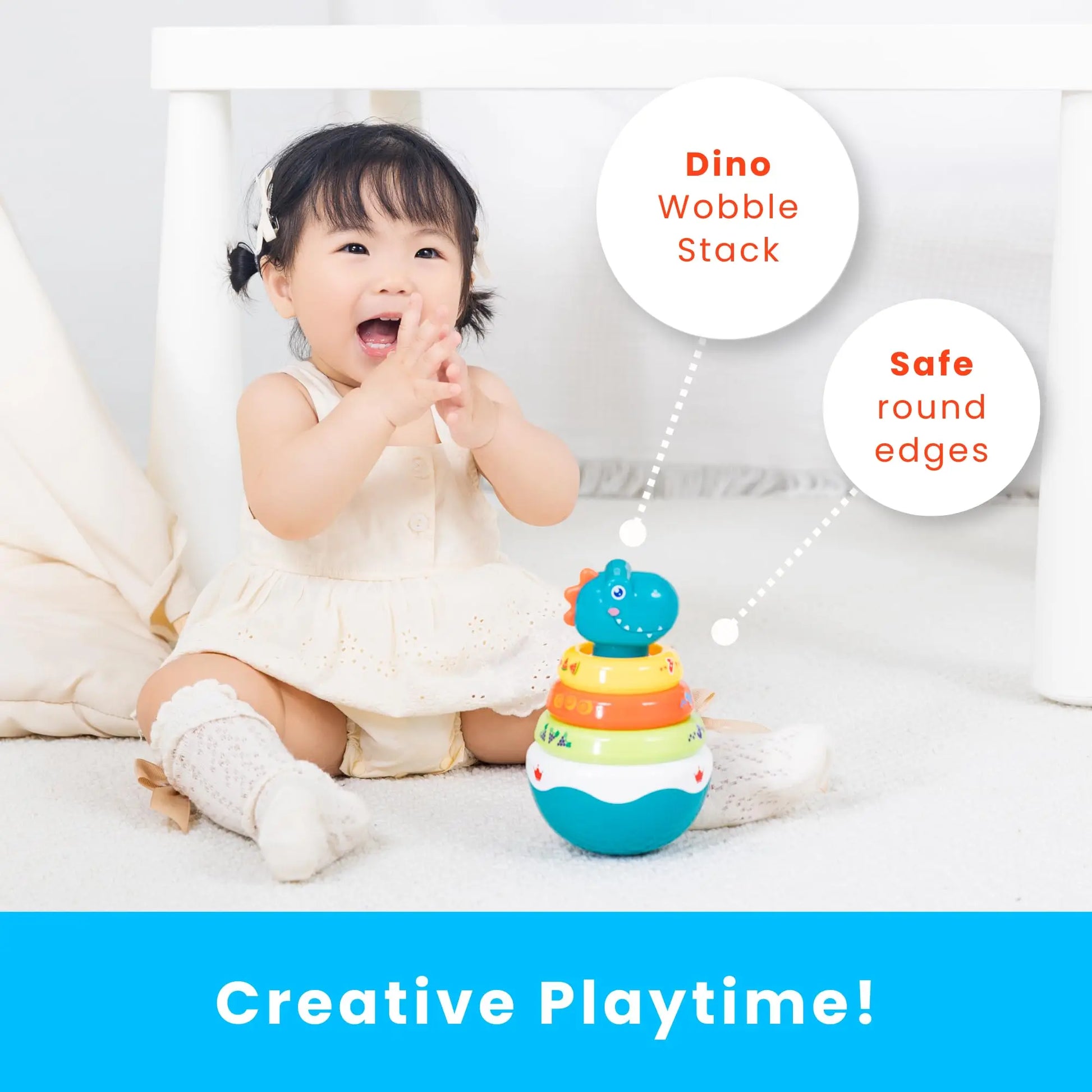 HKM-401875 Dino Stacking Tumbler Toy - Colorful Rainbow Ring Big Roly Poly Educational Toy for Infants and Toddlers