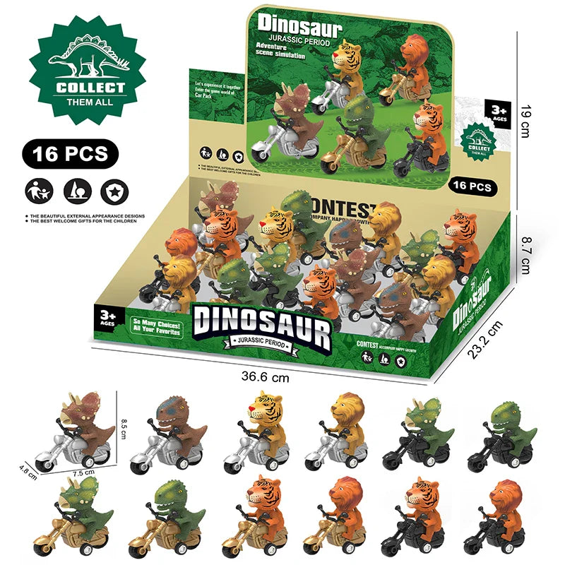 HKM-402323 Pull Back Dinosaurs and Animal Motorcycle Cars - Friction Traffic Toy for Ages 5 and Up