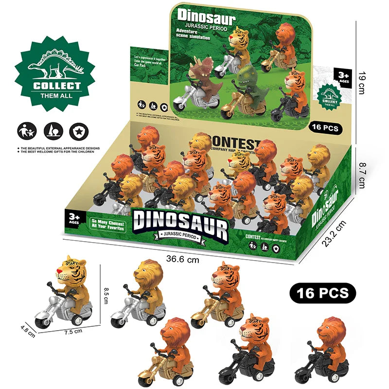 HKM-402323 Pull Back Dinosaurs and Animal Motorcycle Cars - Friction Traffic Toy for Ages 5 and Up